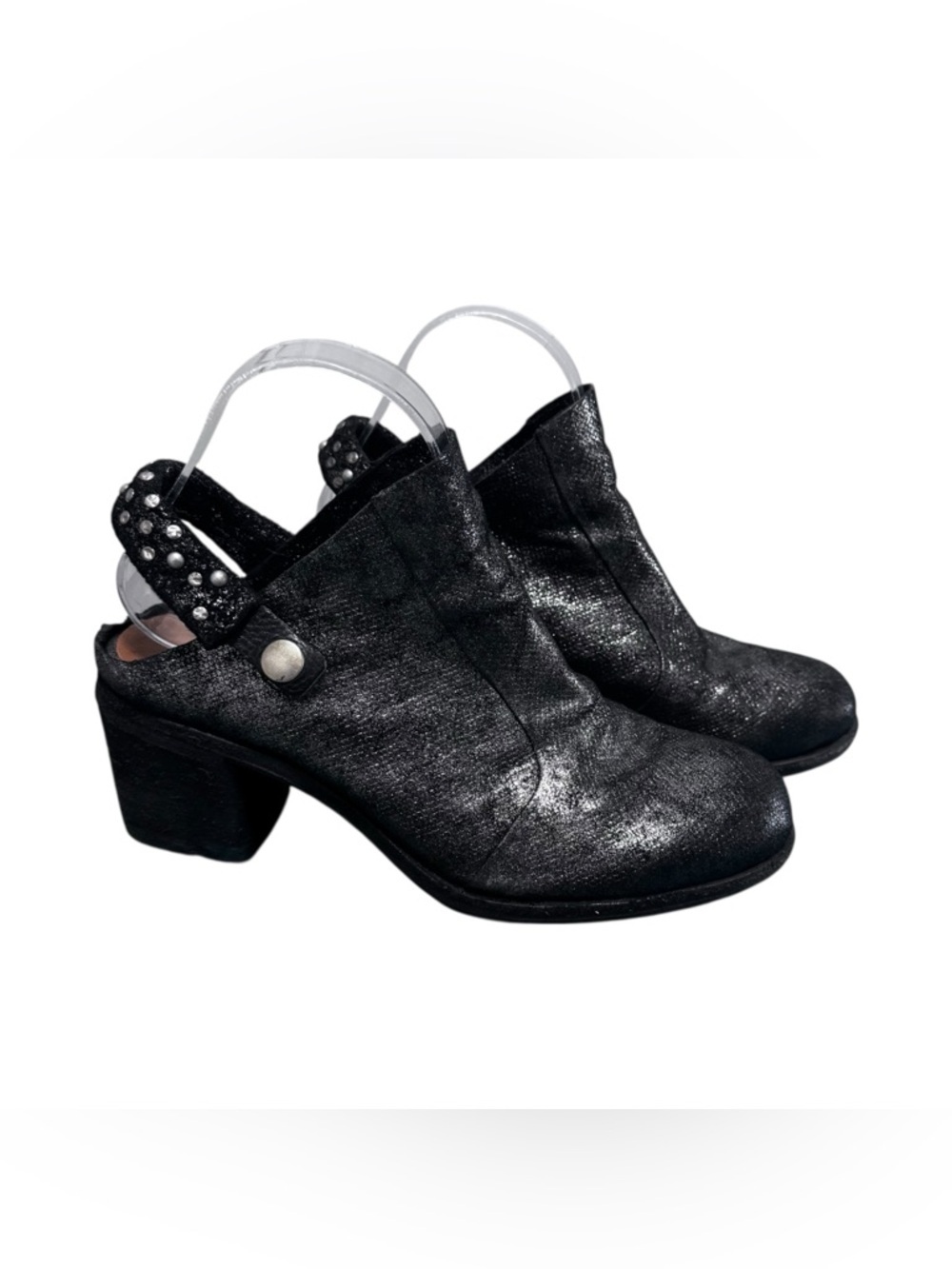 A.S.98 Black Shimmery Leather Slingback Mules Studded Heeled Shoes Size 39